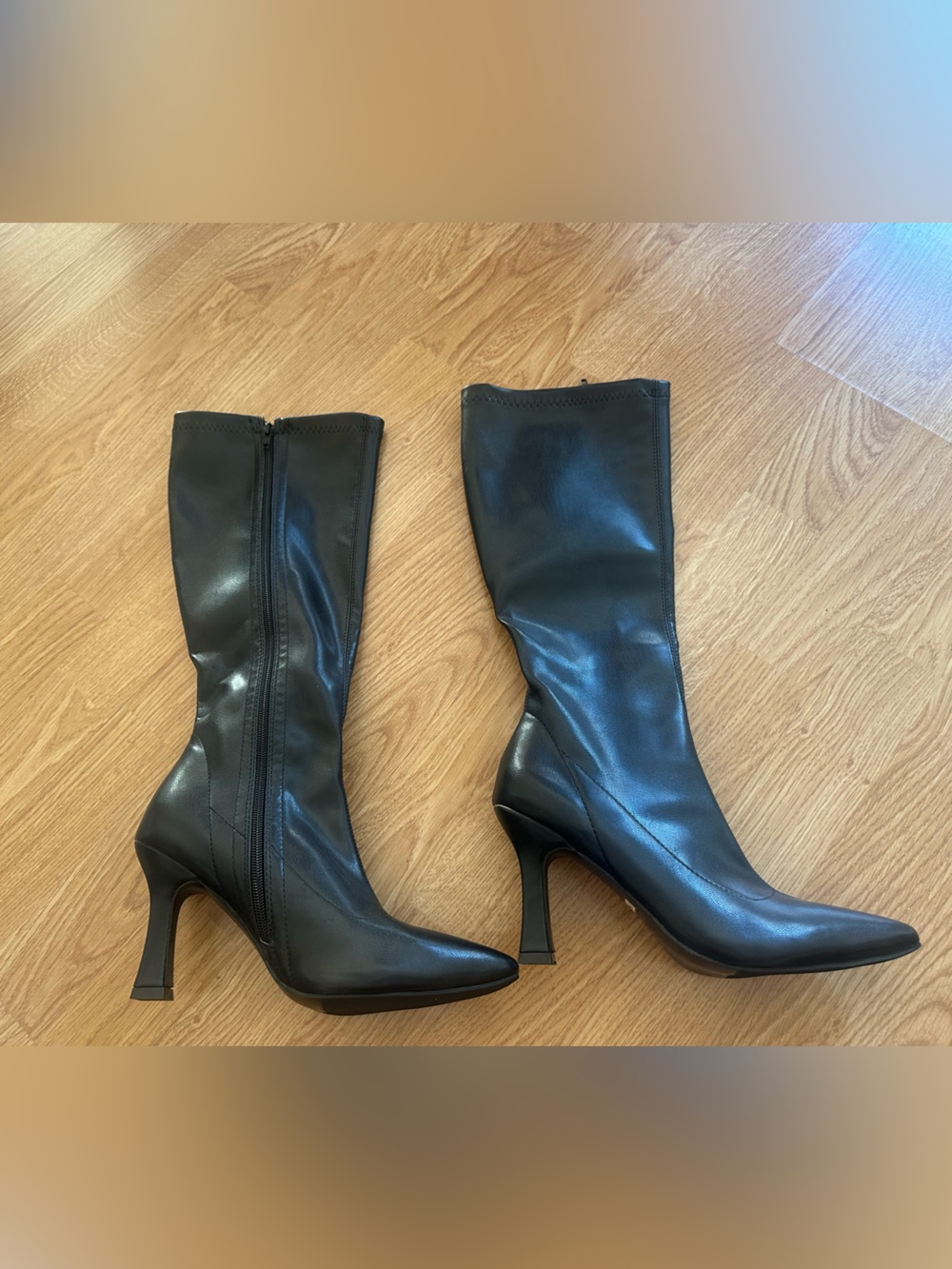 Black Mid-Calf Leather Heeled Boots - Women